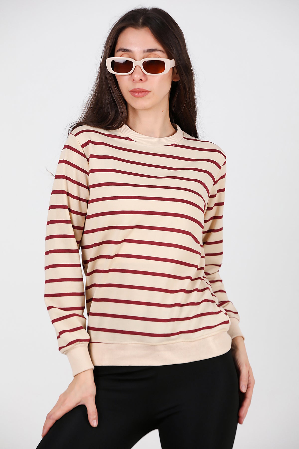 Kadın Çizgili Bisiklet Yaka Sweat Bordo