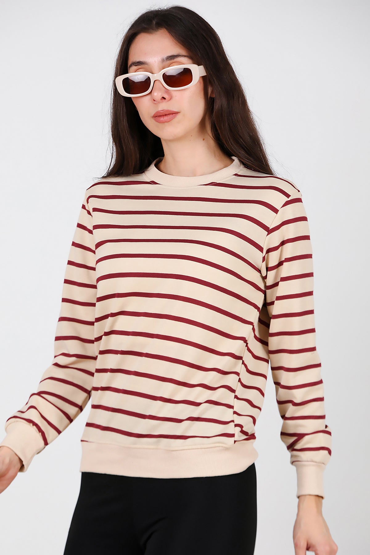 Kadın Çizgili Bisiklet Yaka Sweat Bordo