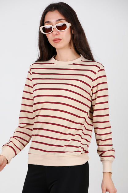 Kadın Çizgili Bisiklet Yaka Sweat Bordo