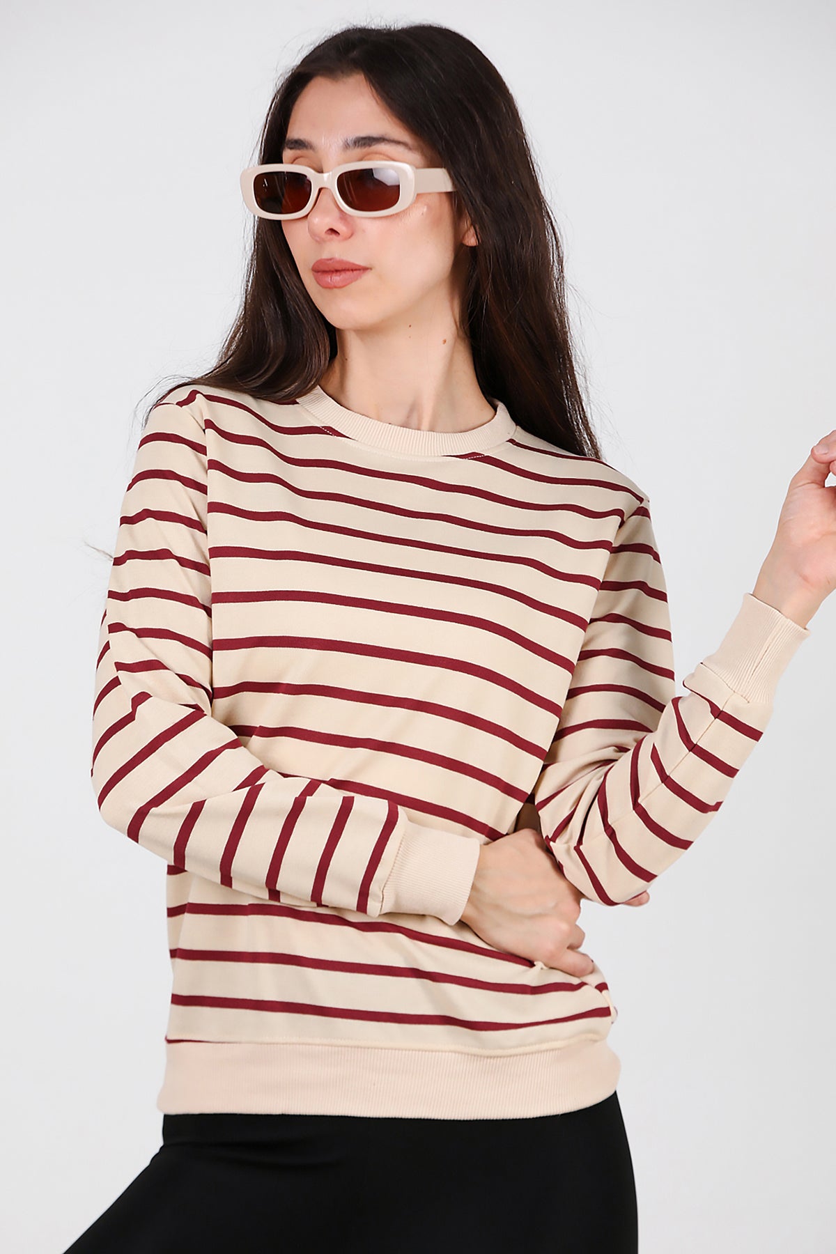 Kadın Çizgili Bisiklet Yaka Sweat Bordo