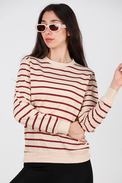 Kadın Çizgili Bisiklet Yaka Sweat Bordo
