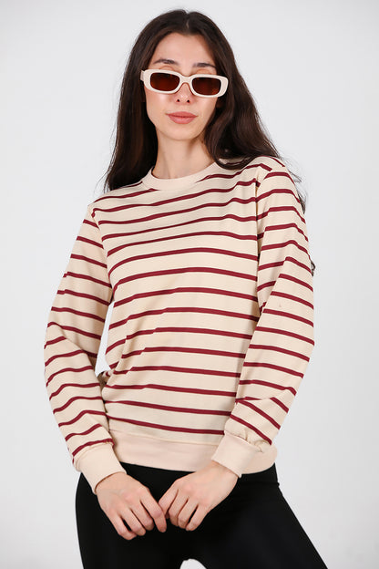 Kadın Çizgili Bisiklet Yaka Sweat Bordo