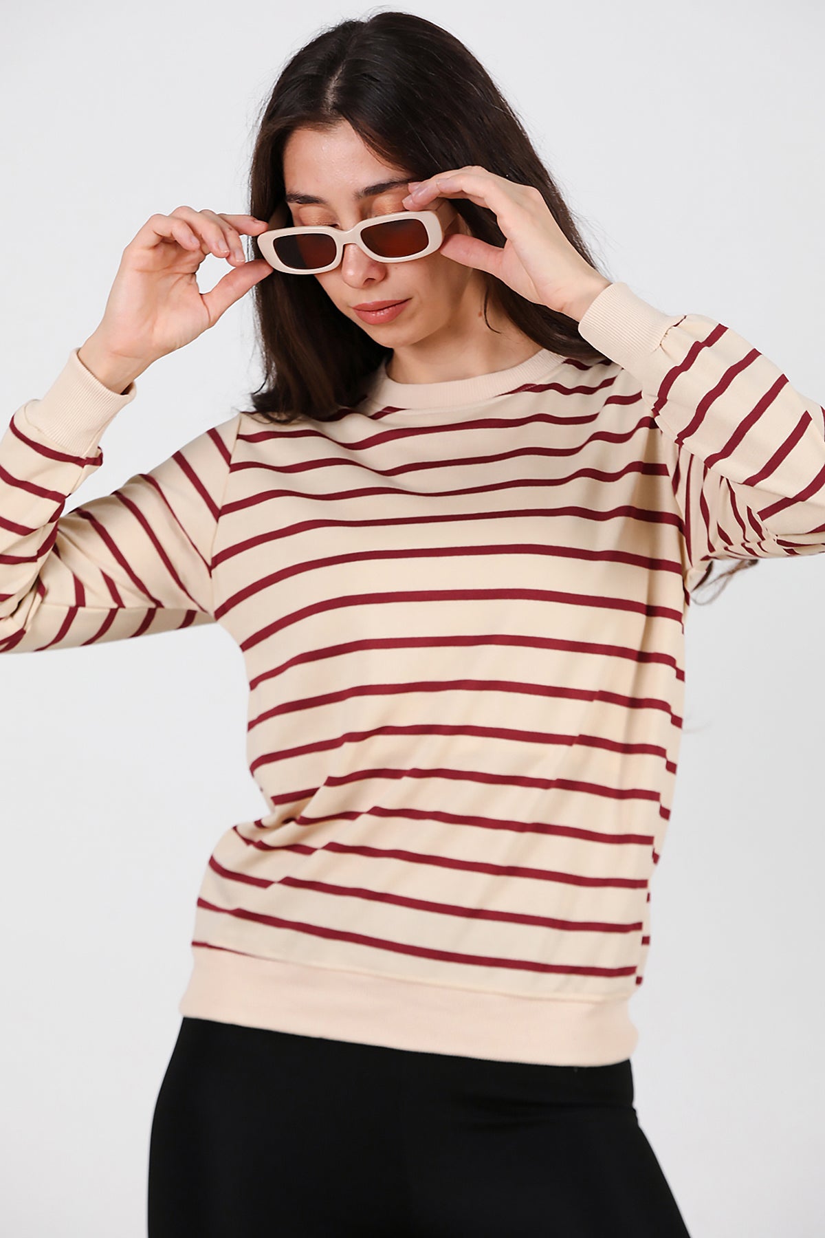 Kadın Çizgili Bisiklet Yaka Sweat Bordo