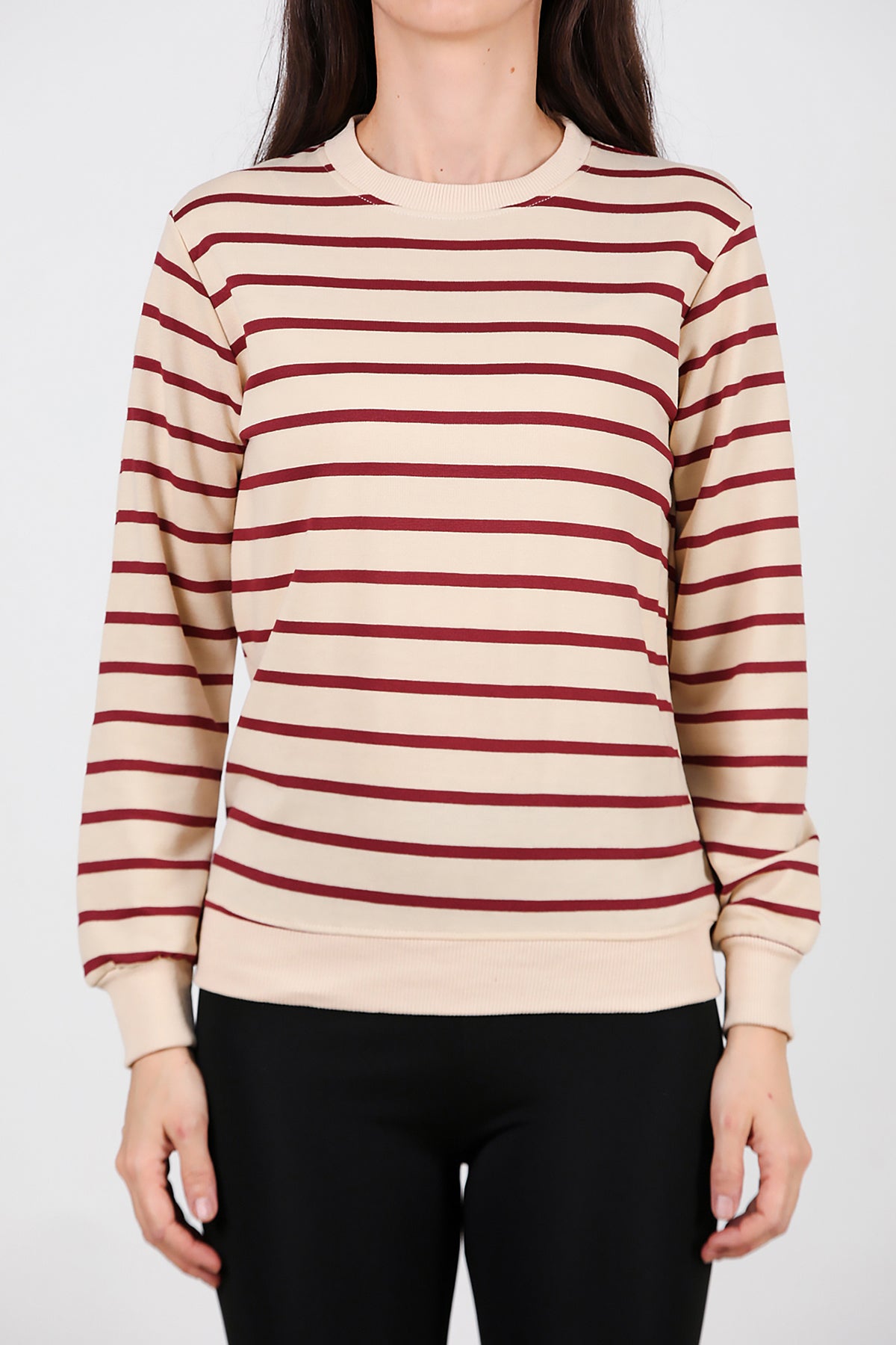 Kadın Çizgili Bisiklet Yaka Sweat Bordo