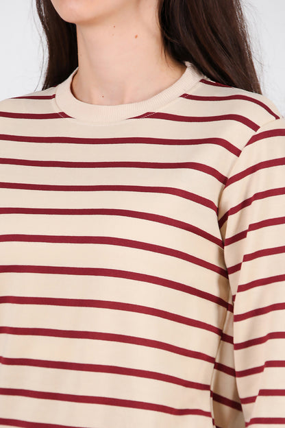 Kadın Çizgili Bisiklet Yaka Sweat Bordo