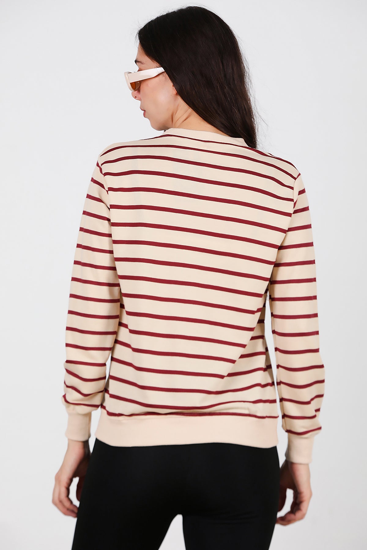 Kadın Çizgili Bisiklet Yaka Sweat Bordo