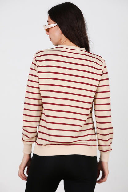 Kadın Çizgili Bisiklet Yaka Sweat Bordo