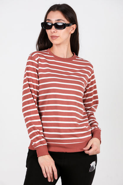 Kadın Çizgili Bisiklet Yaka Sweat Gül Kurusu