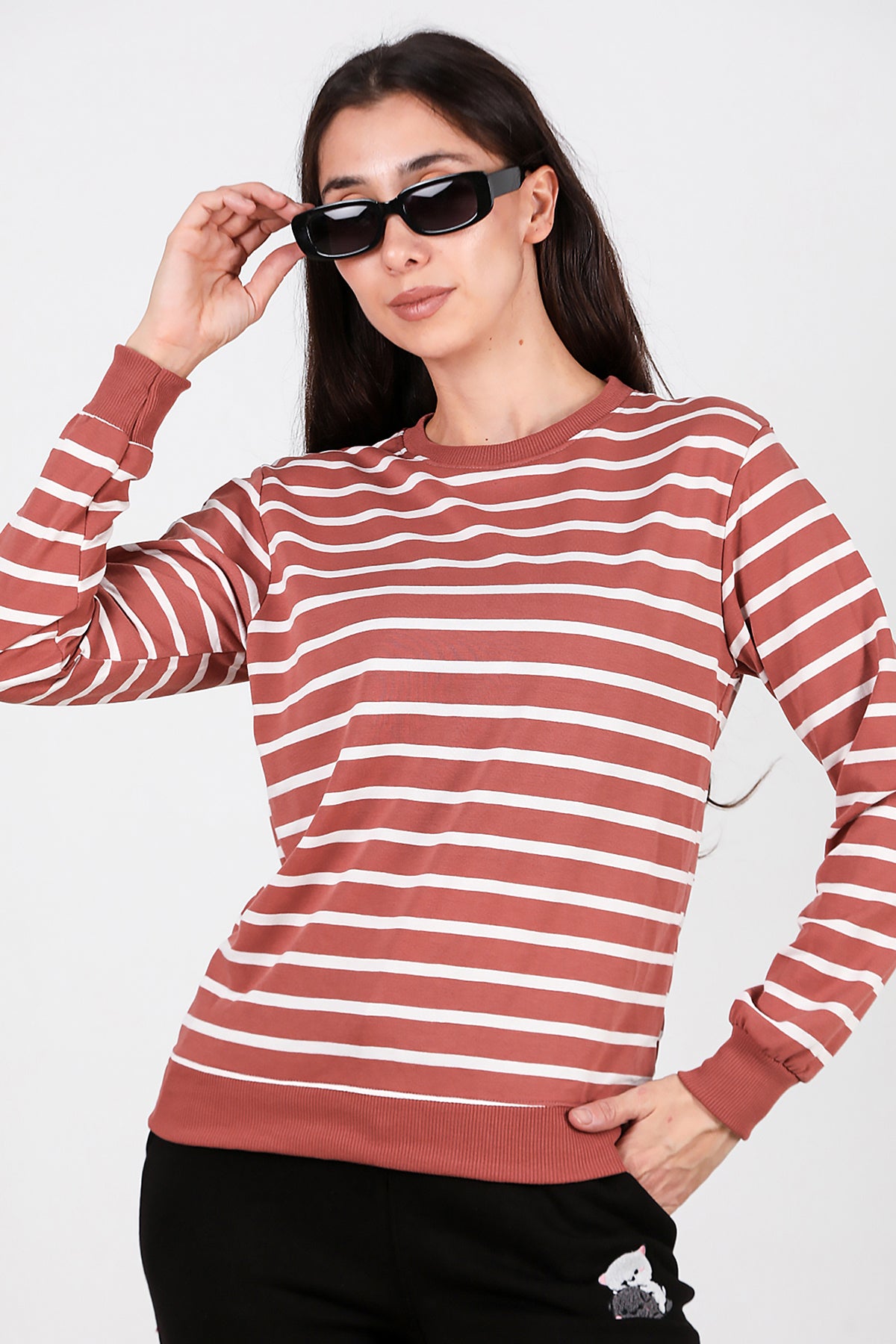 Kadın Çizgili Bisiklet Yaka Sweat Gül Kurusu