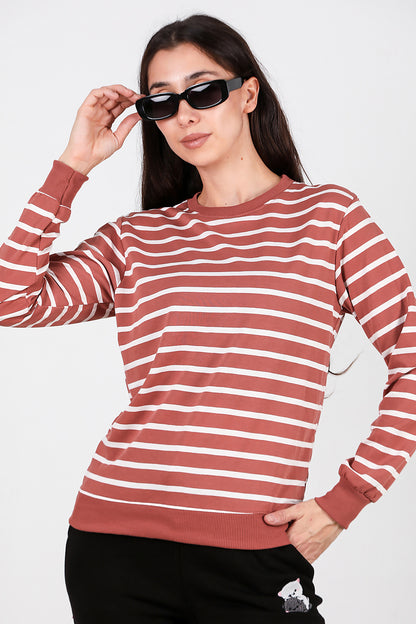 Kadın Çizgili Bisiklet Yaka Sweat Gül Kurusu