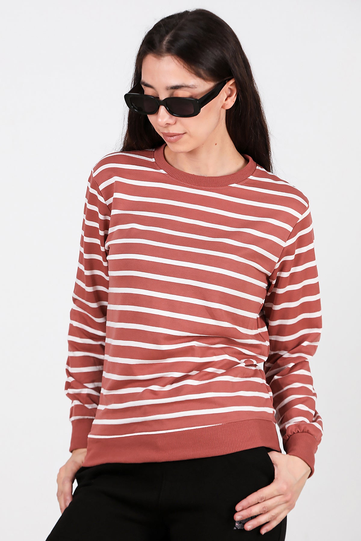 Kadın Çizgili Bisiklet Yaka Sweat Gül Kurusu