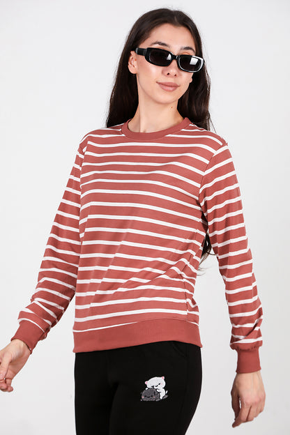 Kadın Çizgili Bisiklet Yaka Sweat Gül Kurusu