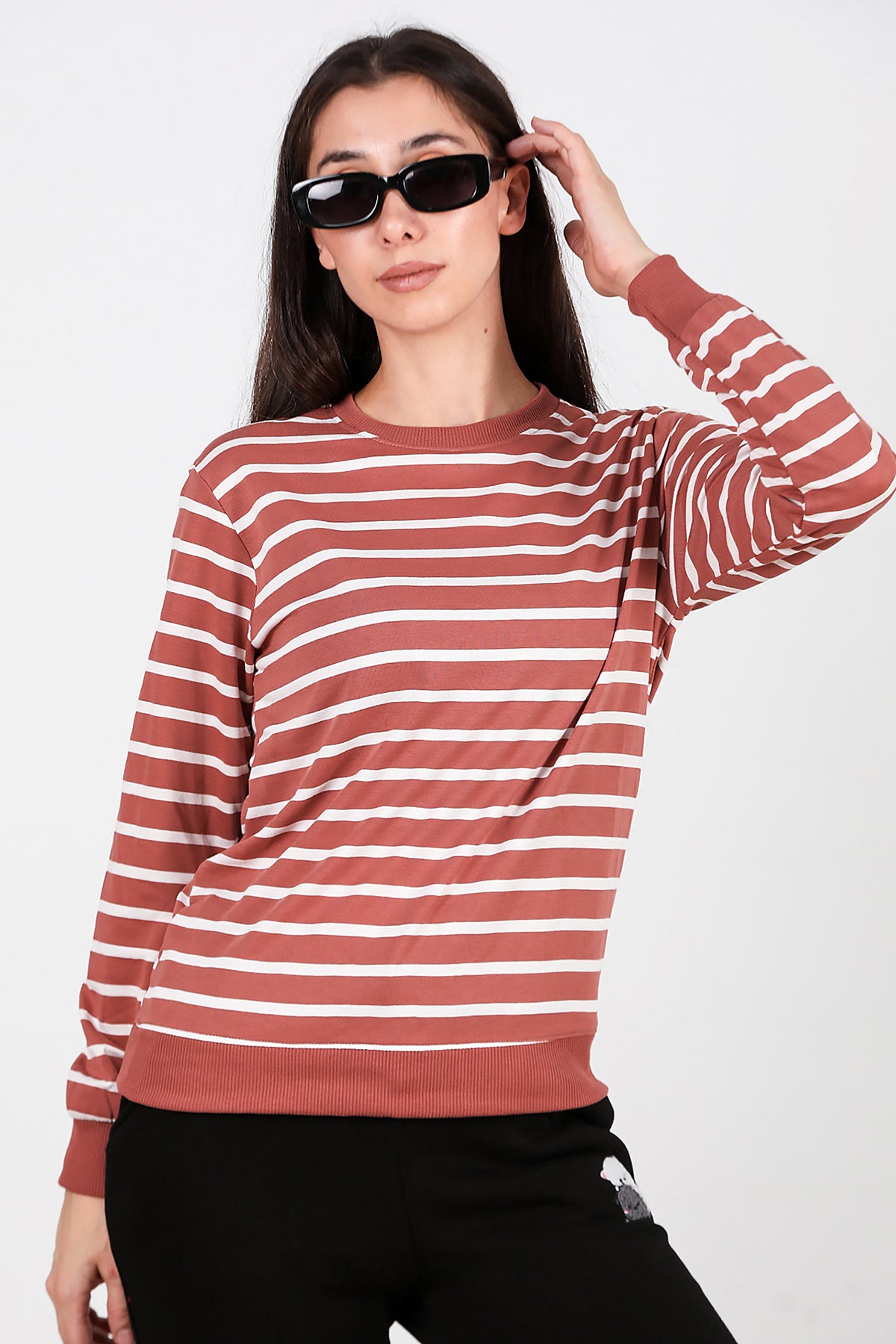 Kadın Çizgili Bisiklet Yaka Sweat Gül Kurusu