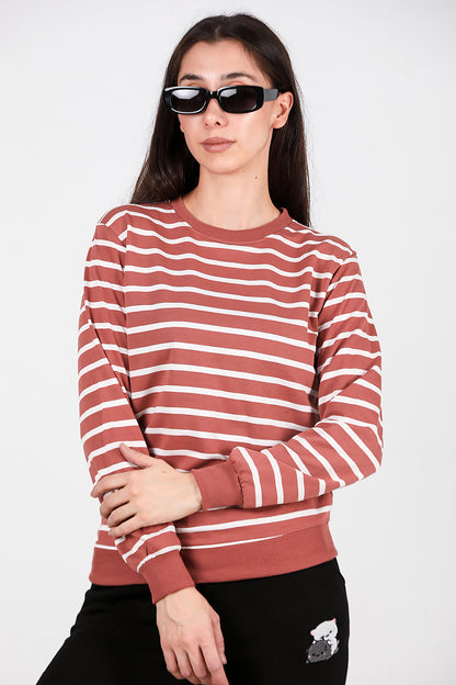 Kadın Çizgili Bisiklet Yaka Sweat Gül Kurusu