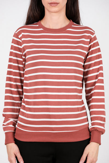 Kadın Çizgili Bisiklet Yaka Sweat Gül Kurusu