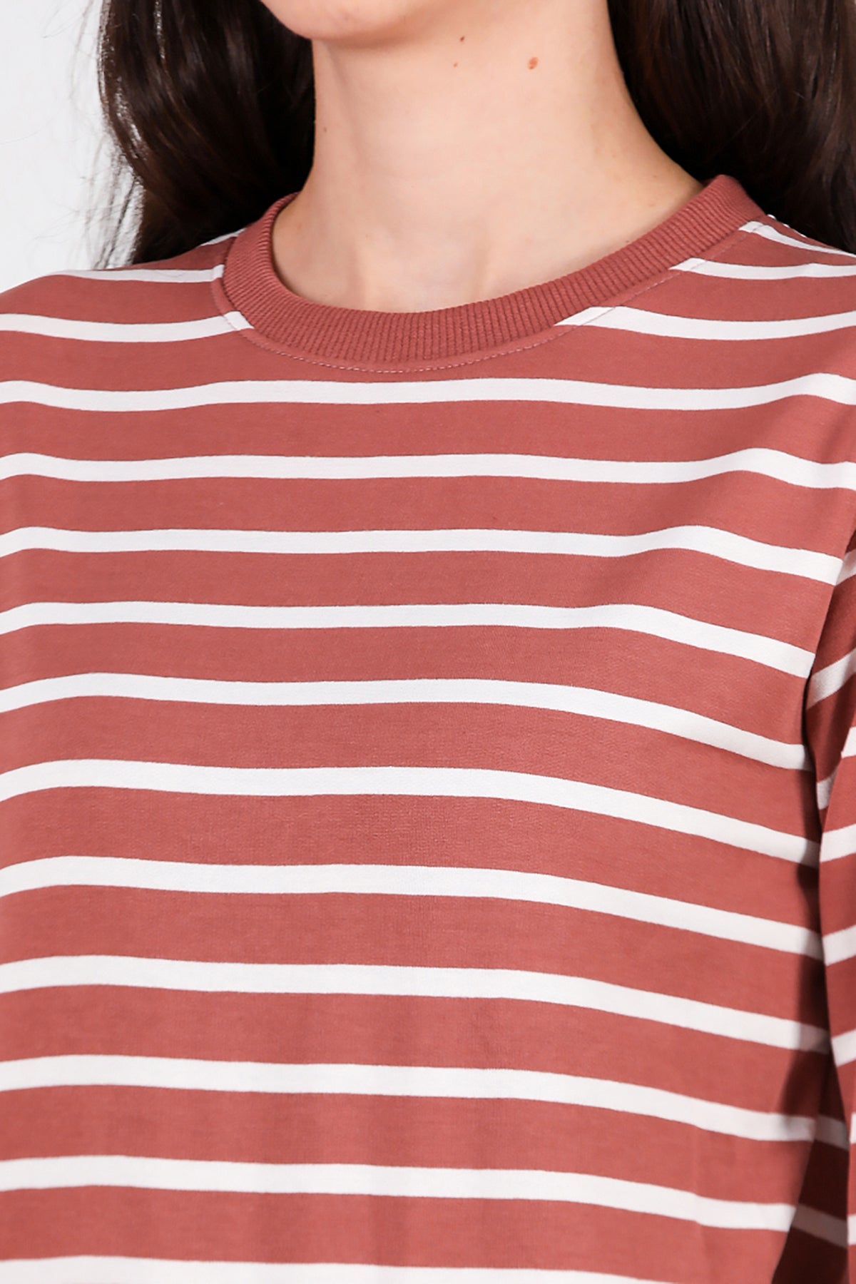 Kadın Çizgili Bisiklet Yaka Sweat Gül Kurusu