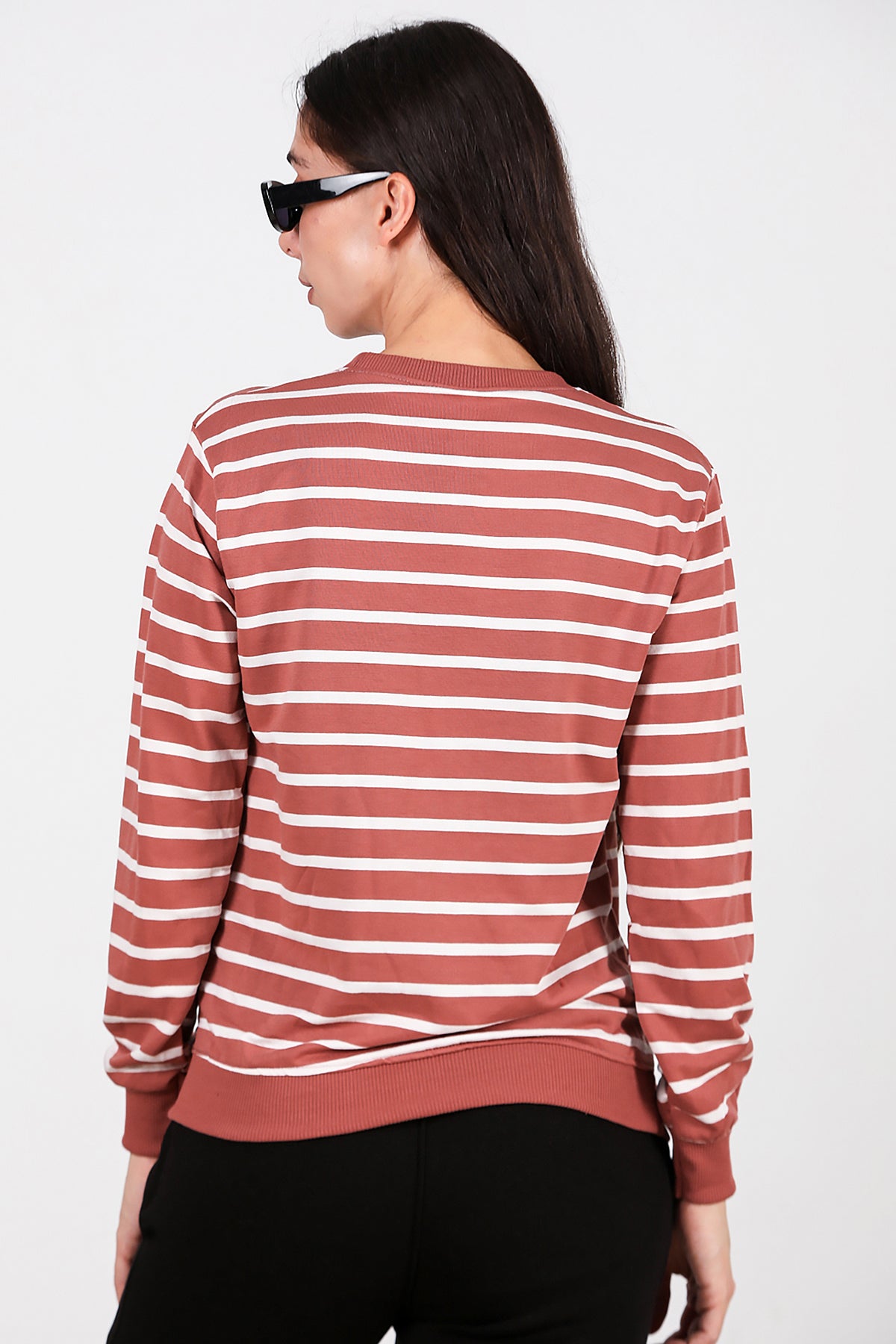 Kadın Çizgili Bisiklet Yaka Sweat Gül Kurusu