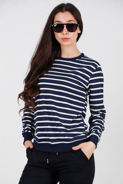 Kadın Çizgili Bisiklet Yaka Sweat Lacivert
