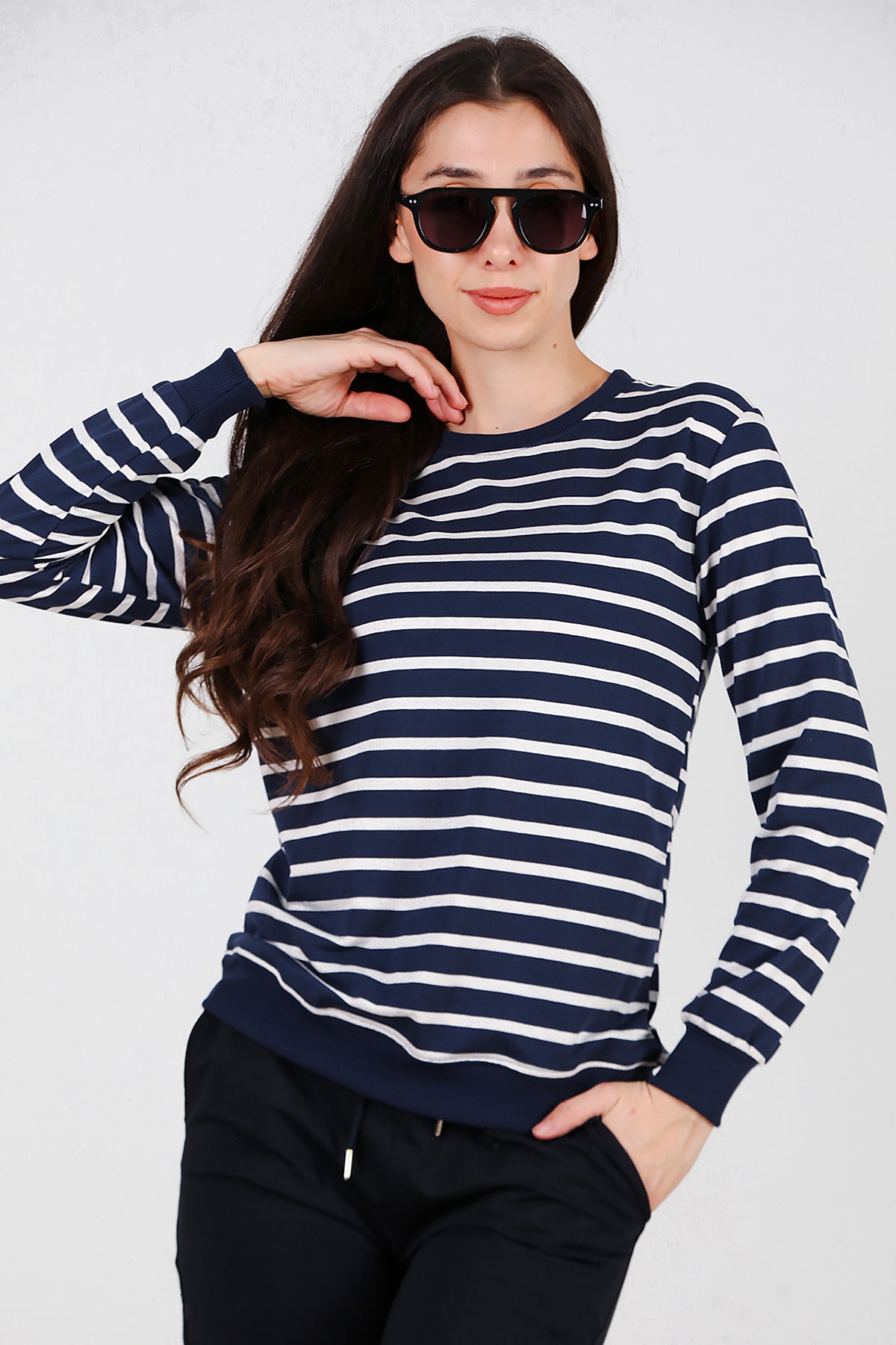 Kadın Çizgili Bisiklet Yaka Sweat Lacivert