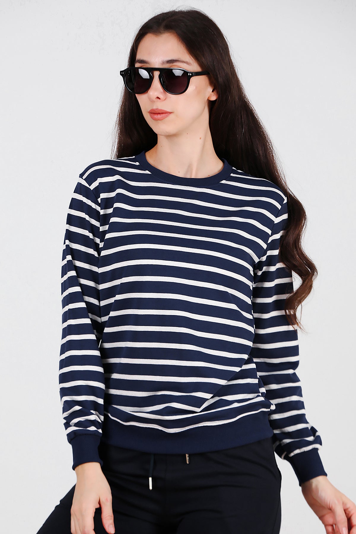 Kadın Çizgili Bisiklet Yaka Sweat Lacivert