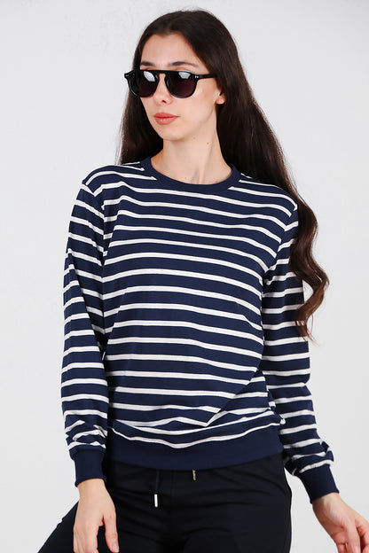 Kadın Çizgili Bisiklet Yaka Sweat Lacivert