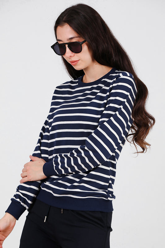Kadın Çizgili Bisiklet Yaka Sweat Lacivert