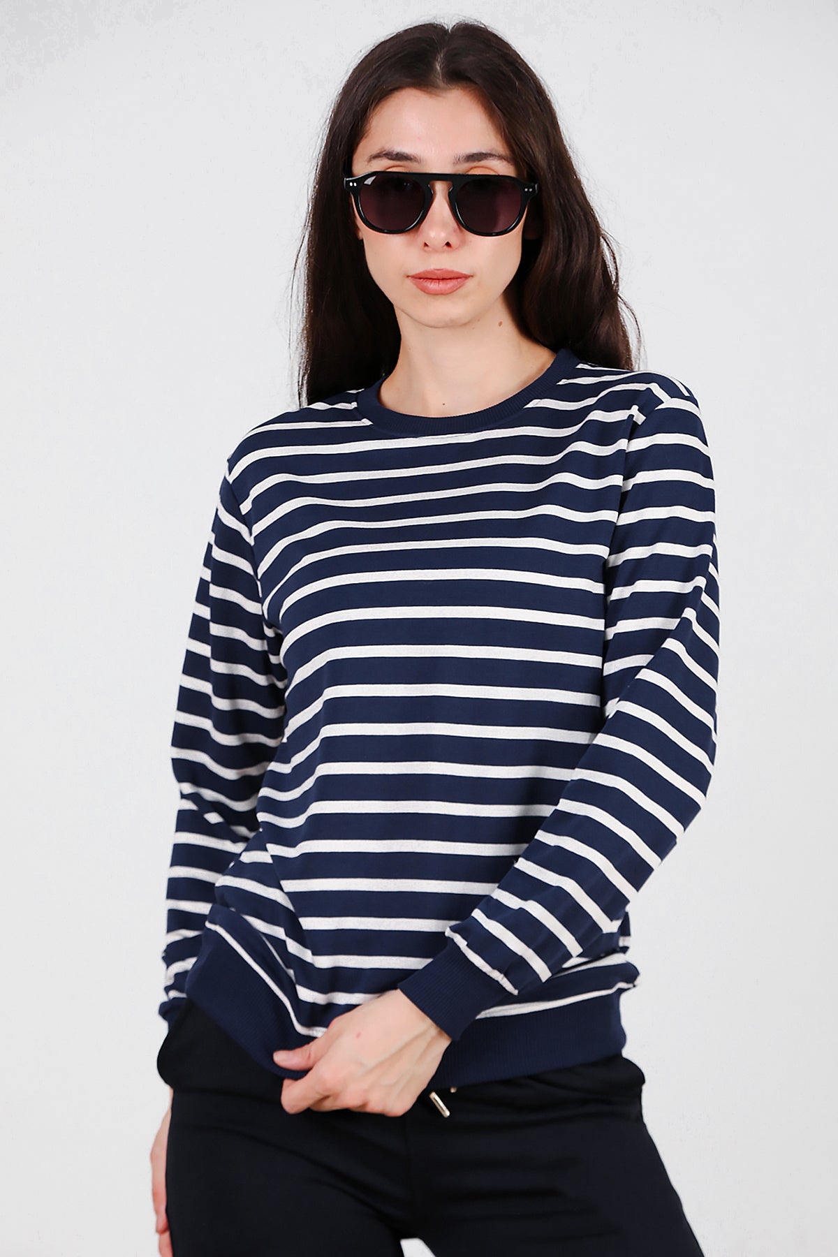 Kadın Çizgili Bisiklet Yaka Sweat Lacivert
