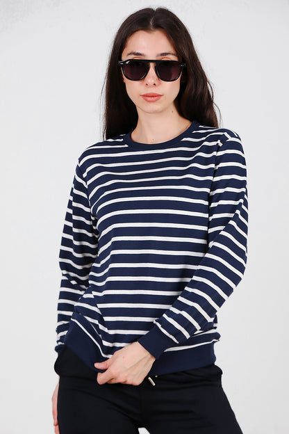 Kadın Çizgili Bisiklet Yaka Sweat Lacivert