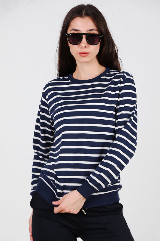 Kadın Çizgili Bisiklet Yaka Sweat Lacivert