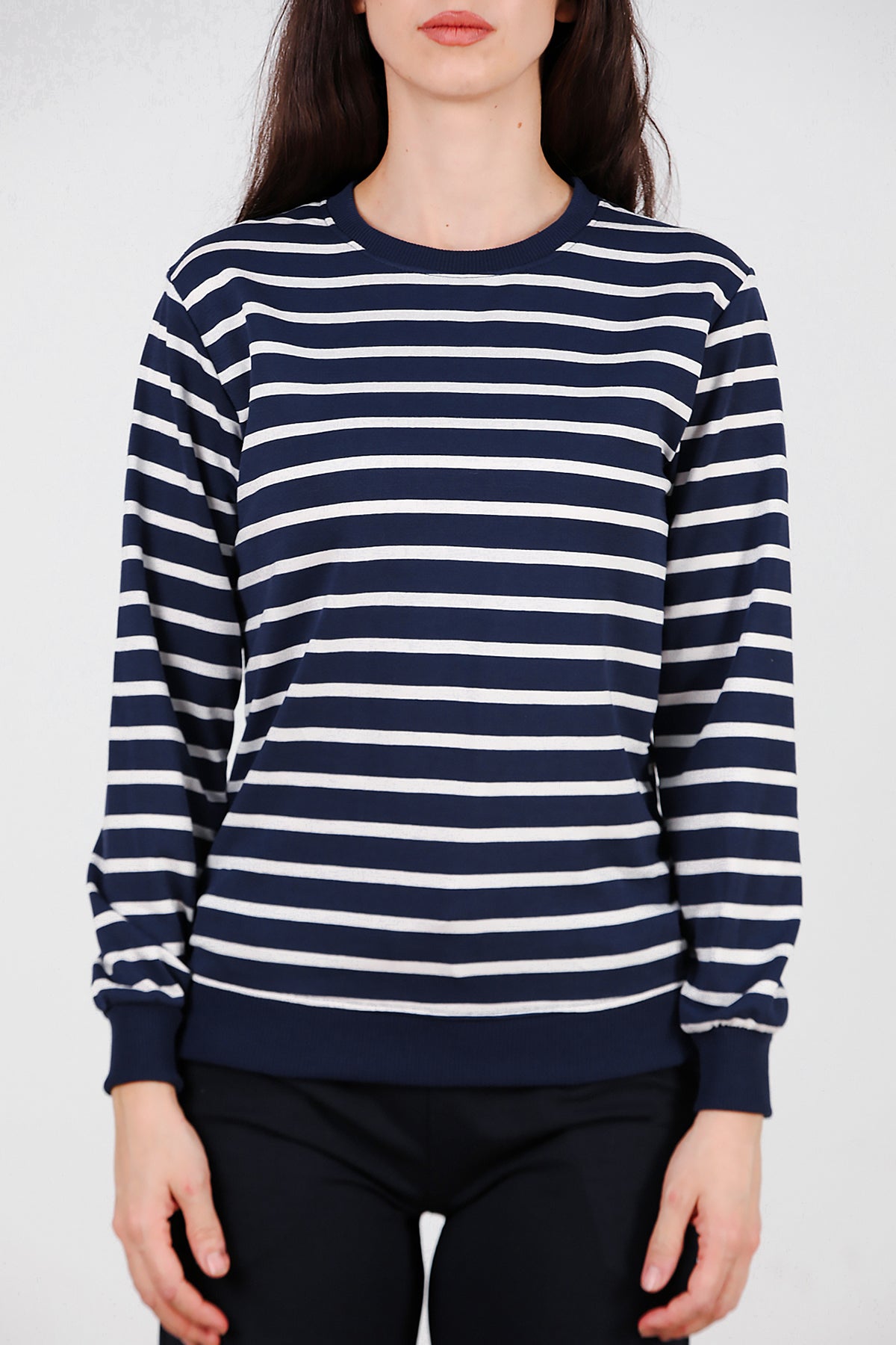 Kadın Çizgili Bisiklet Yaka Sweat Lacivert