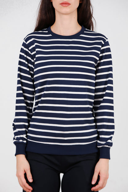 Kadın Çizgili Bisiklet Yaka Sweat Lacivert