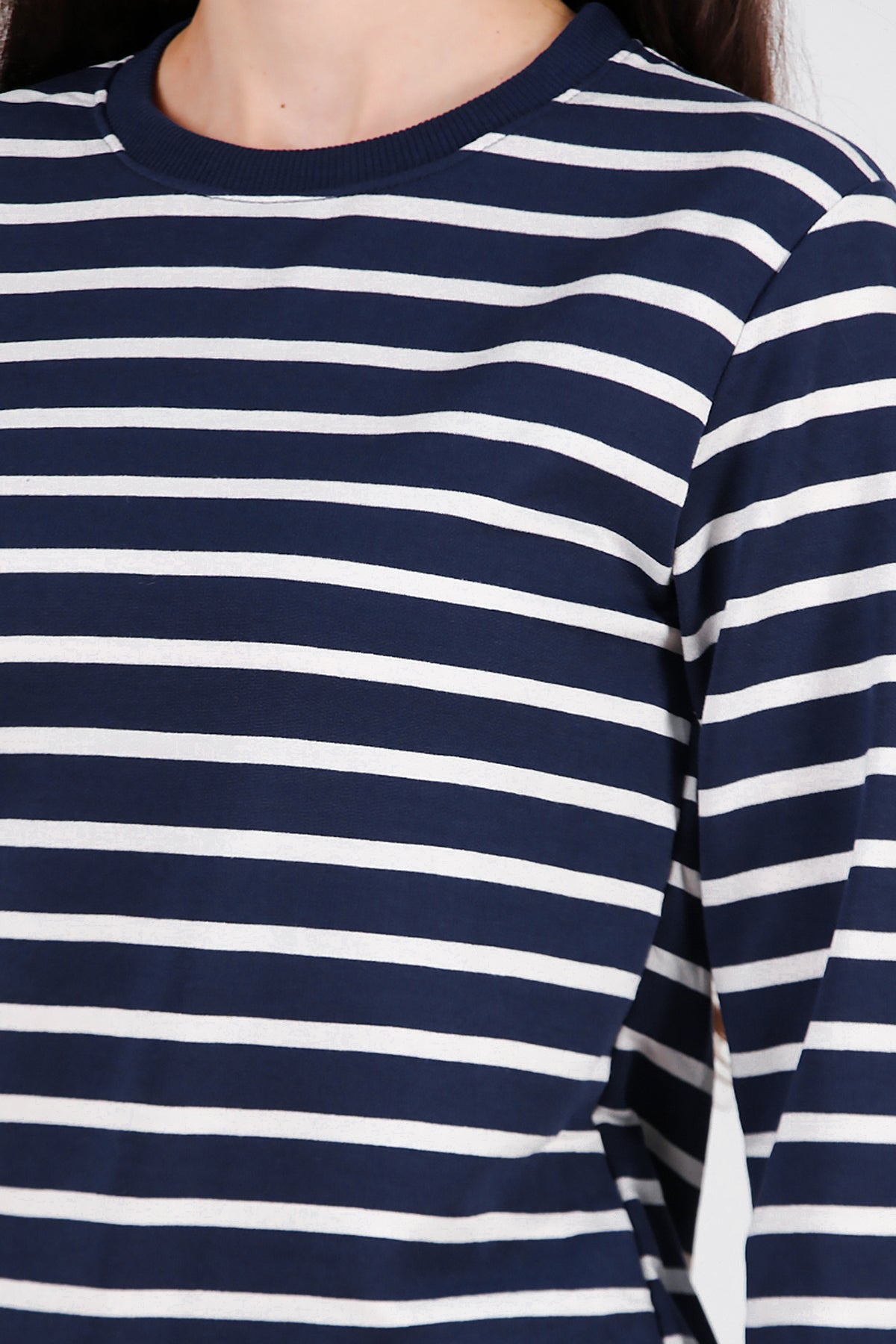 Kadın Çizgili Bisiklet Yaka Sweat Lacivert