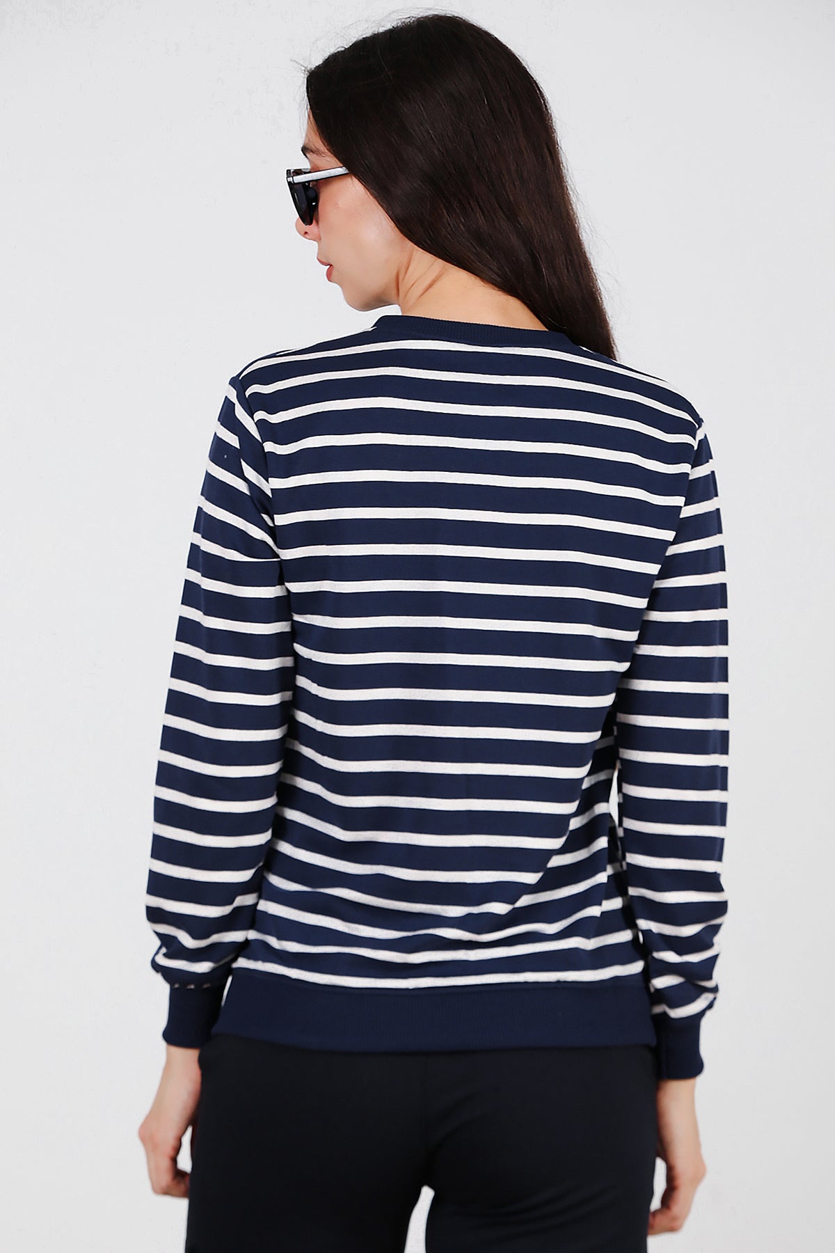 Kadın Çizgili Bisiklet Yaka Sweat Lacivert
