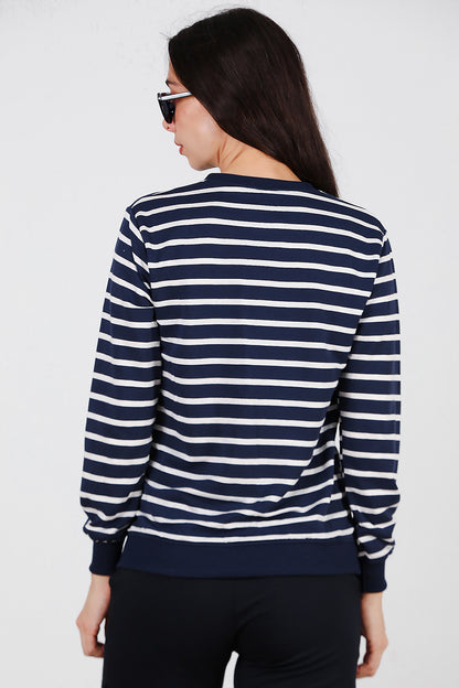 Kadın Çizgili Bisiklet Yaka Sweat Lacivert