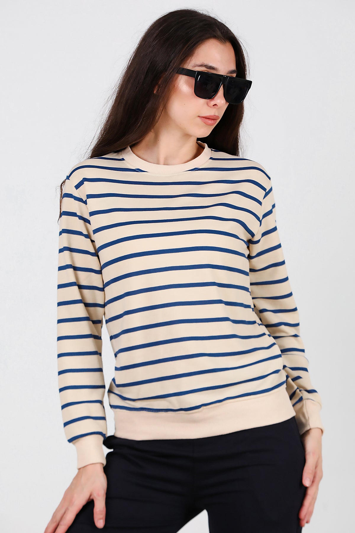 Kadın Çizgili Bisiklet Yaka Sweat Mavi