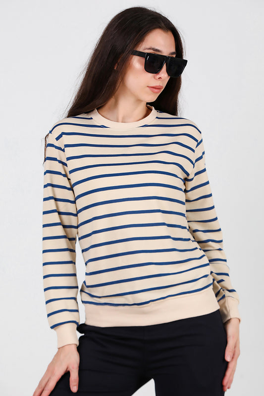 Kadın Çizgili Bisiklet Yaka Sweat Mavi