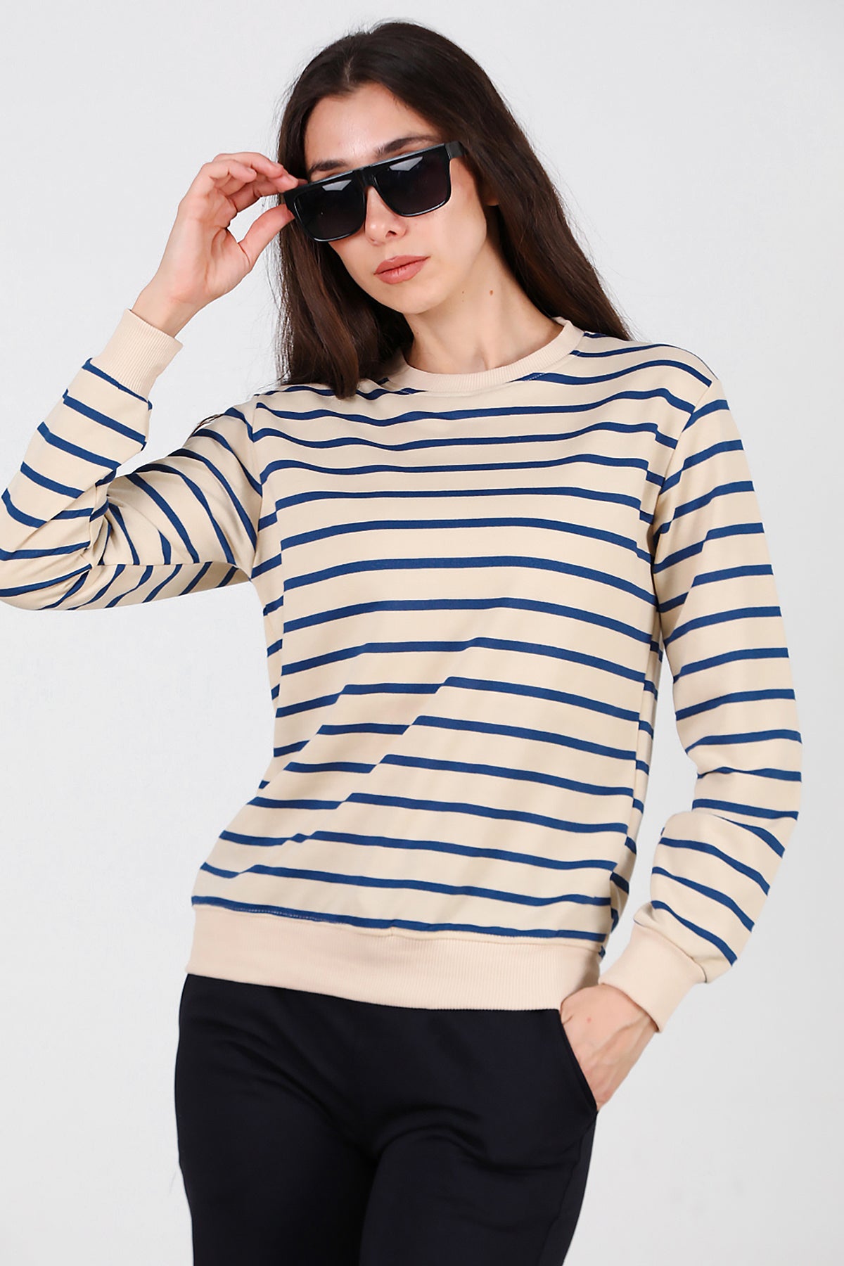 Kadın Çizgili Bisiklet Yaka Sweat Mavi