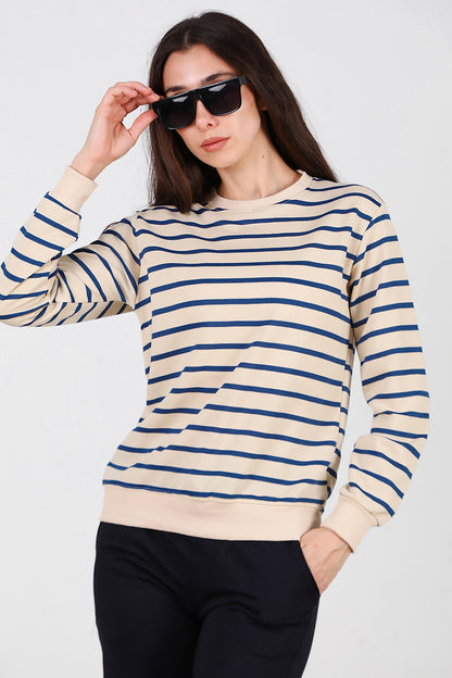 Kadın Çizgili Bisiklet Yaka Sweat Mavi