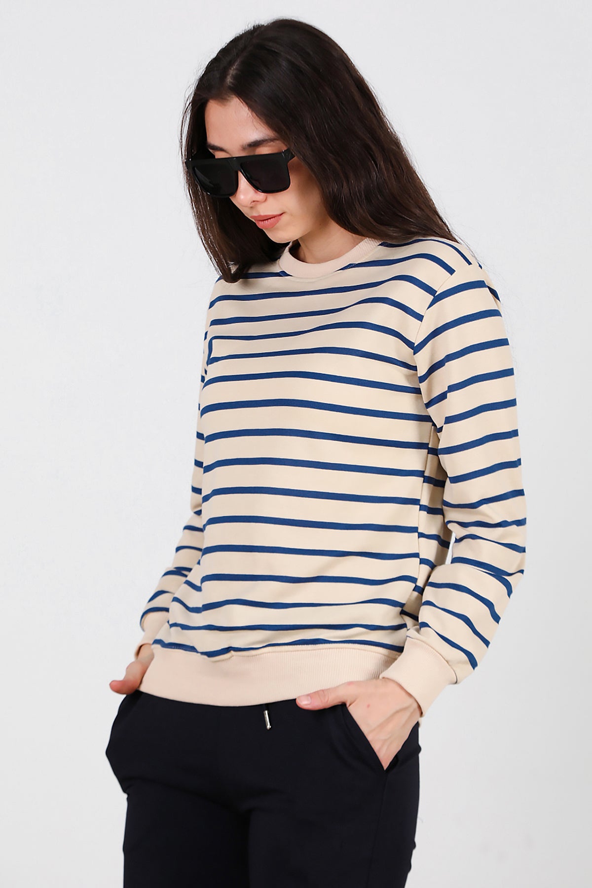 Kadın Çizgili Bisiklet Yaka Sweat Mavi