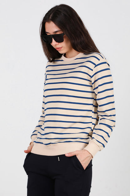 Kadın Çizgili Bisiklet Yaka Sweat Mavi