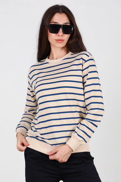 Kadın Çizgili Bisiklet Yaka Sweat Mavi