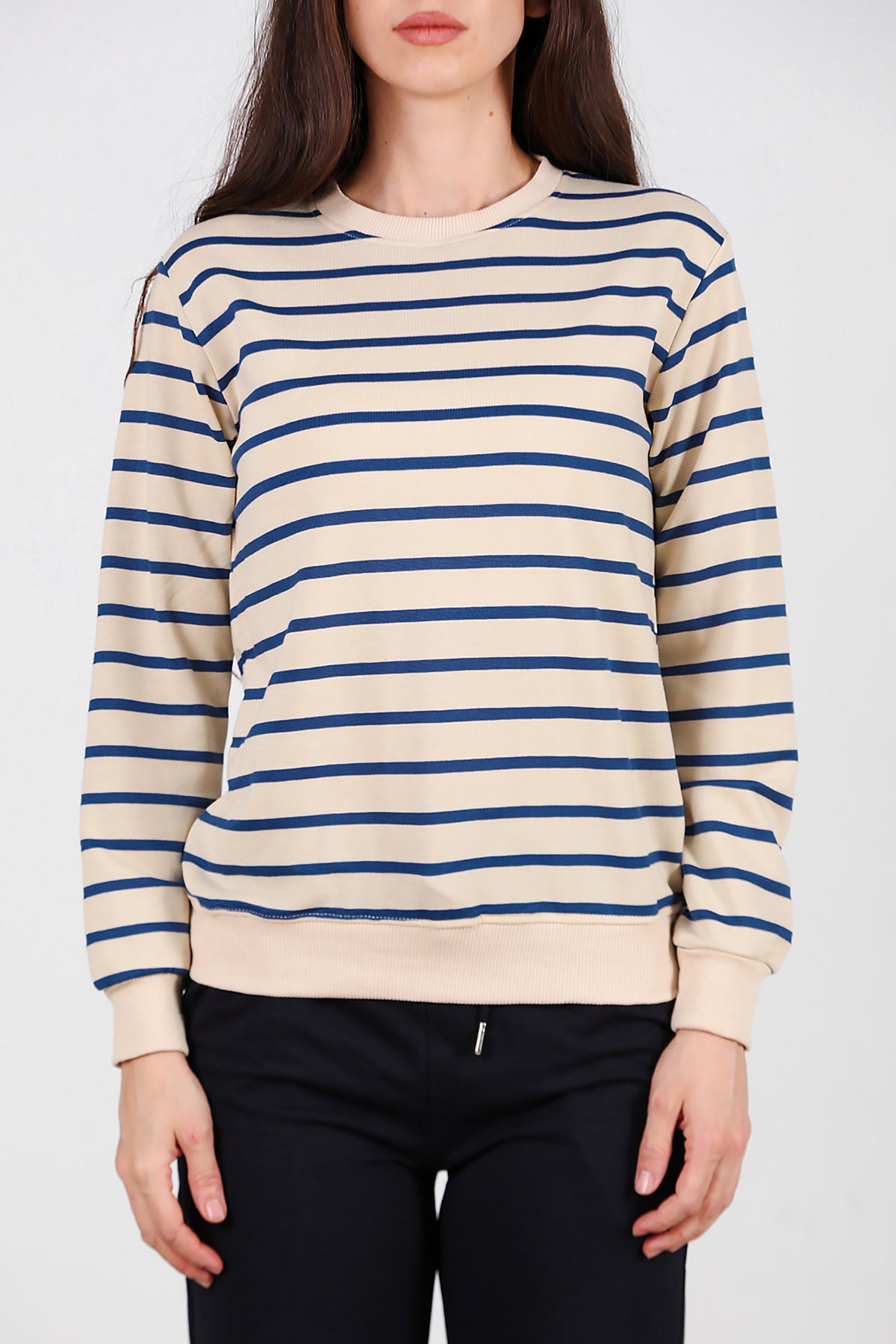 Kadın Çizgili Bisiklet Yaka Sweat Mavi