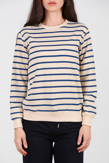 Kadın Çizgili Bisiklet Yaka Sweat Mavi