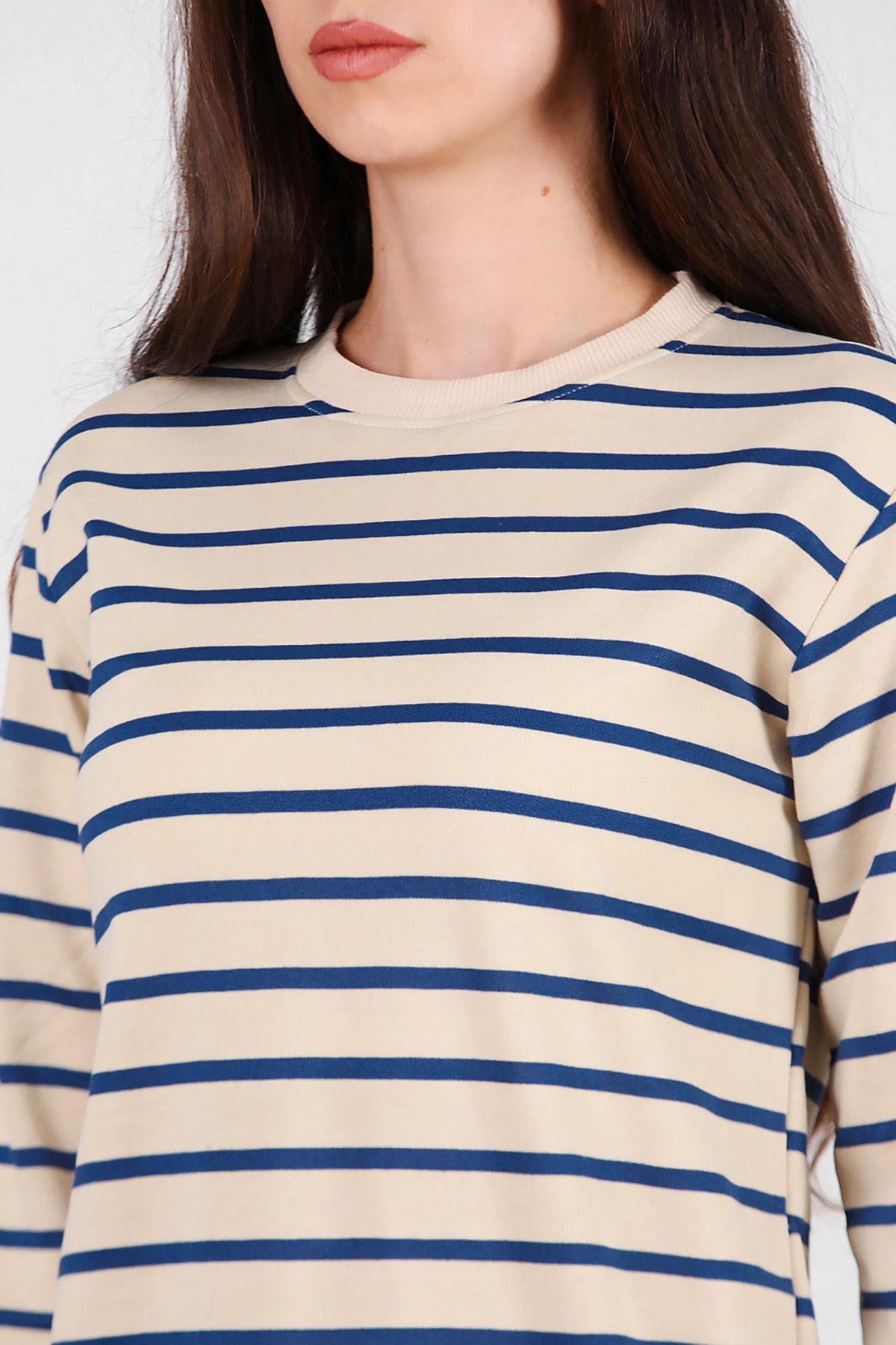 Kadın Çizgili Bisiklet Yaka Sweat Mavi