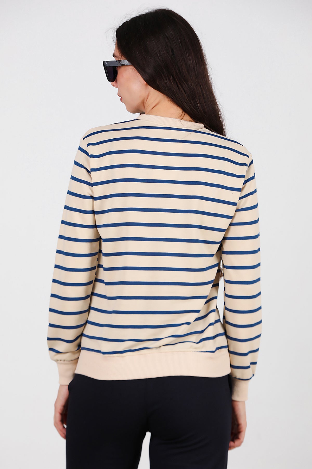 Kadın Çizgili Bisiklet Yaka Sweat Mavi