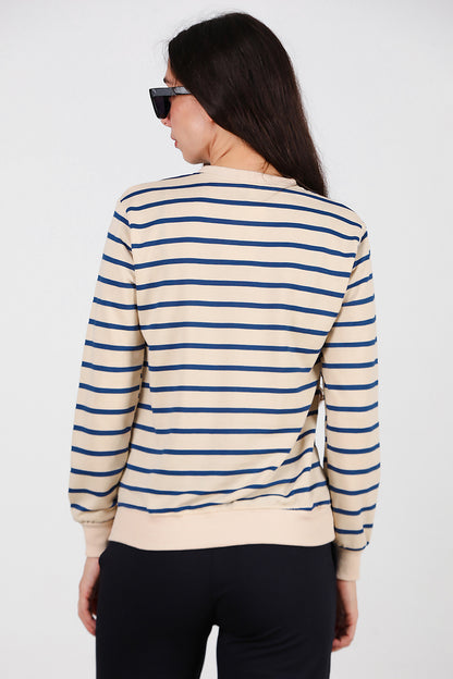 Kadın Çizgili Bisiklet Yaka Sweat Mavi