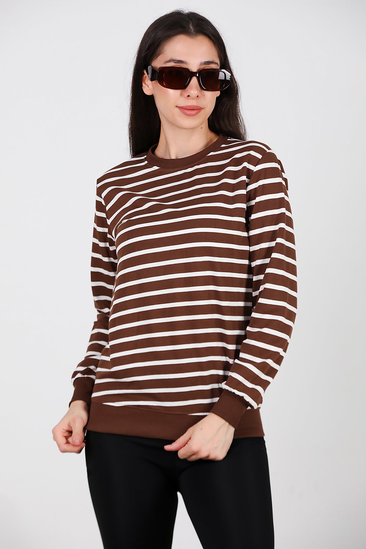 Kadın Çizgili Bisiklet Yaka Sweat Taba