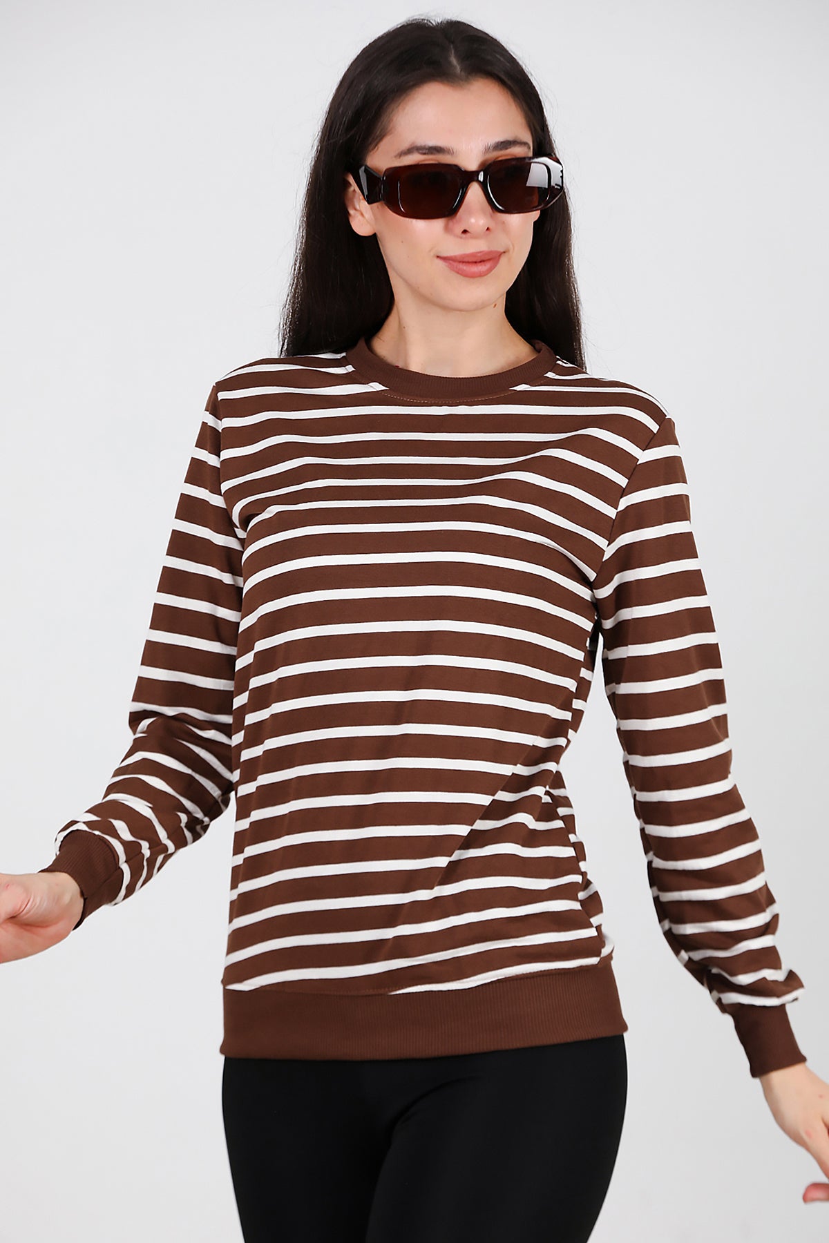 Kadın Çizgili Bisiklet Yaka Sweat Taba