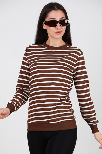 Kadın Çizgili Bisiklet Yaka Sweat Taba