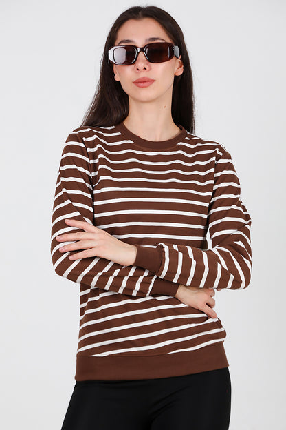 Kadın Çizgili Bisiklet Yaka Sweat Taba